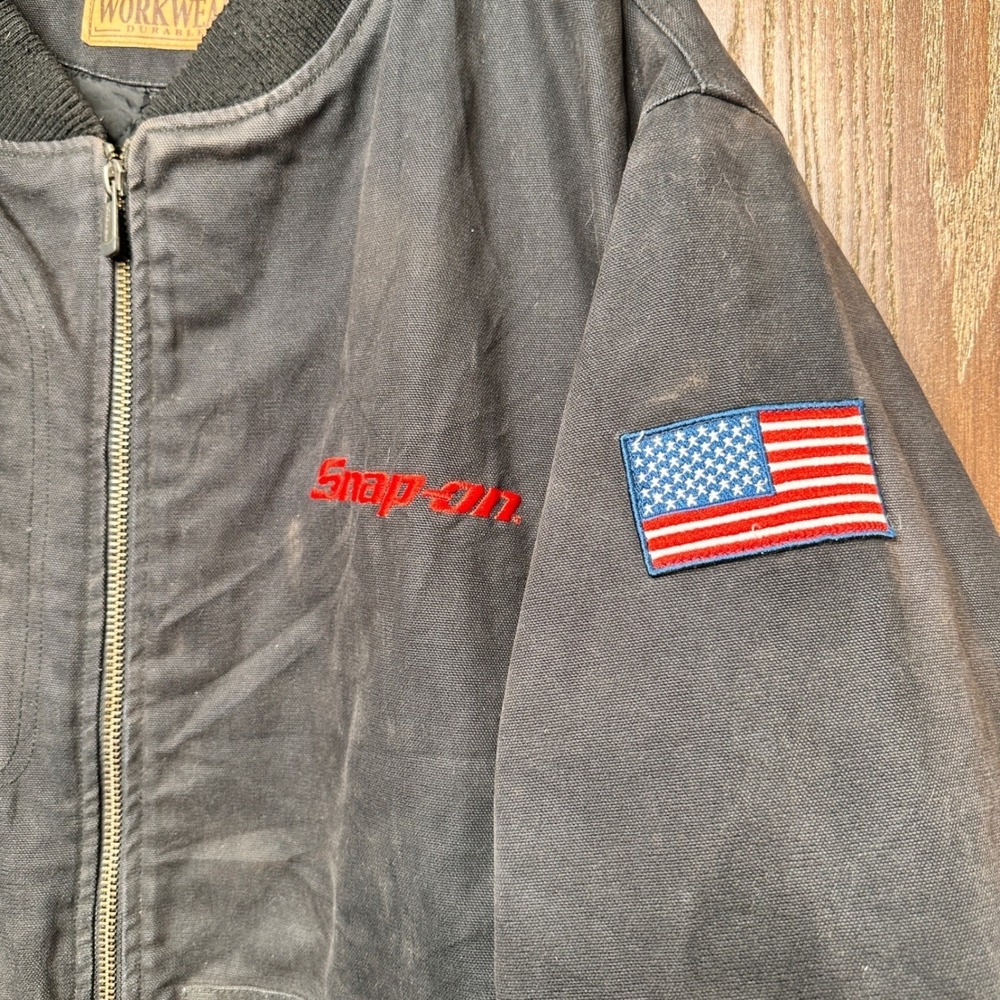 Snap-on Workwear 2X Black Canvas Quilted Bomber Jacket USA Flag Patch Distressed - Picture 5 of 12